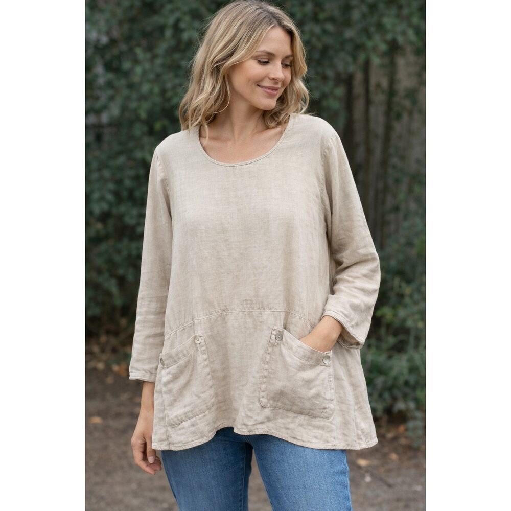 No Frills Women's Casual Linen‎ Top Lightweight Grandmacore Lagenlook Neutral L